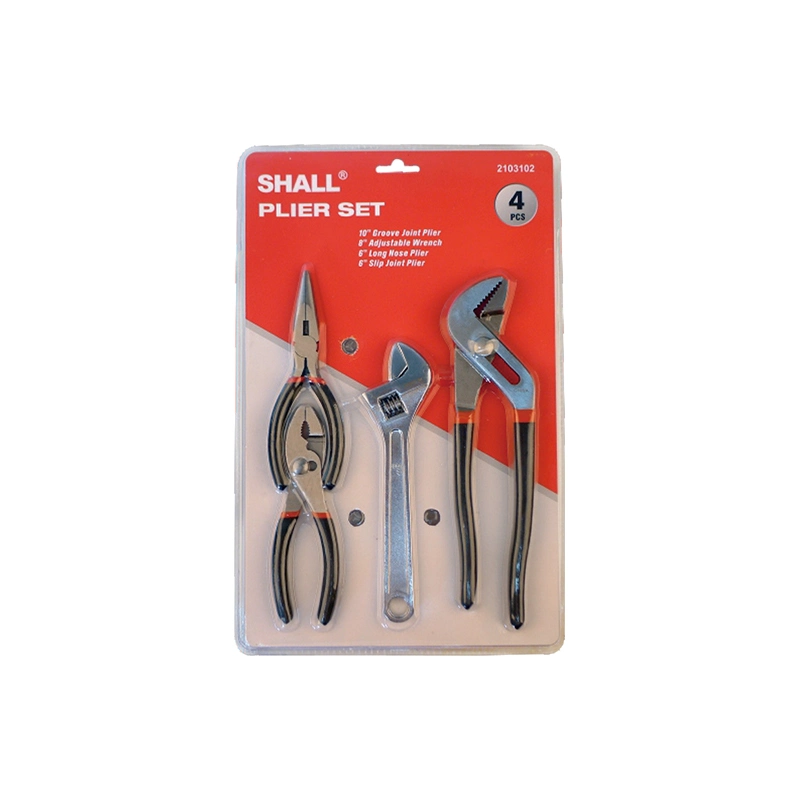 Shall 4PCS Pliers Set Blister Card Packed 10" Groove Joint Plier and 8" Adjustable Wrench with Long Nose and Slip Joint Plier