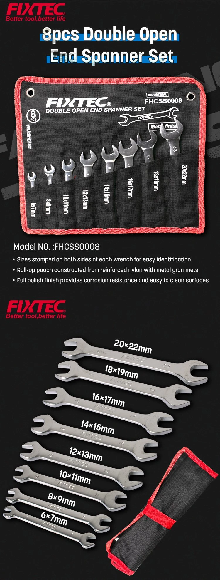 Fixtec 8PCS CRV Double Open End Spanner Set Hand Tools Wrench Set